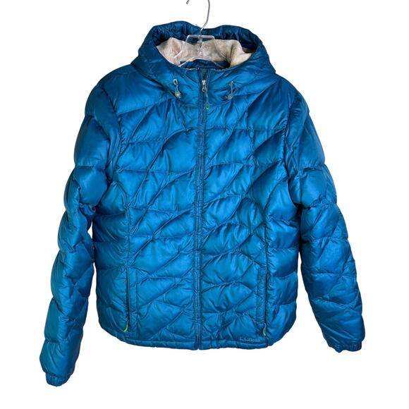 L.L. Bean UltraLight Goose Down Puffer Jacket Womens Large Blue Hooded Quilted - Picture 1 of 8